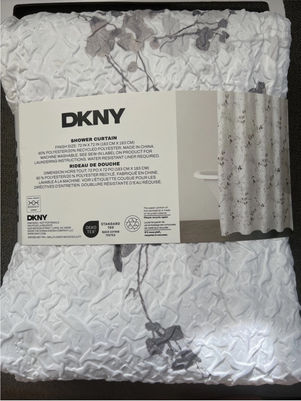 DKNY microsculpt  Shower Curtain grey floral white72x72 New